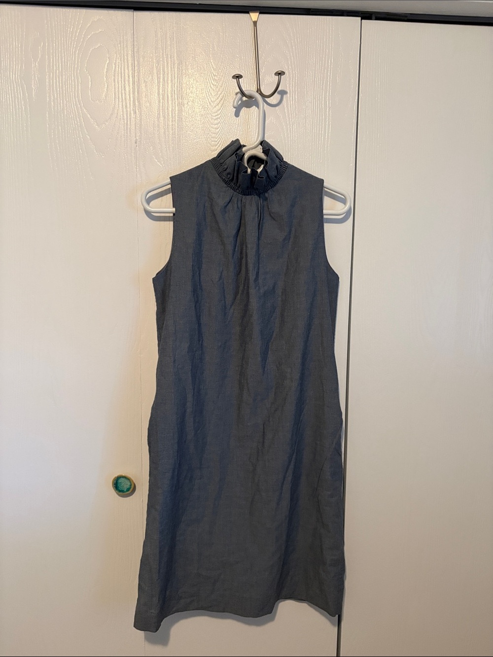 Ruffled Mock-Neck Sleeveless Shift Dress - Chambray